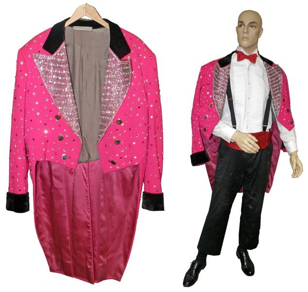 HAROLD RONK RINGMASTER JACKET ON MALE MANNEQUIN: Ring Master jacket was owned by Harold Ronk (1921-2006) who was ringmaster for Ringling Brothers and Barnum & Bailey from 1951-1981. Jacket shows age and use wear and was supplied by Eave's Costume Co