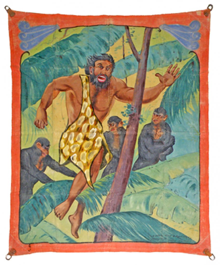 FRED JOHNSON APE MAN BANNER: Classic image used by Fred for several banners. Minor surface wear. 98" x 120"