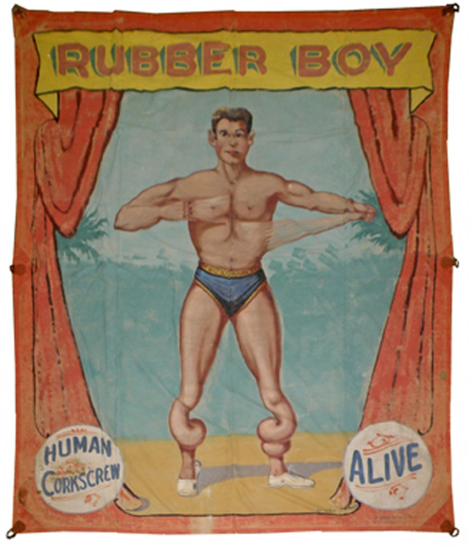 FRED JOHNSON RUBBER BOY BANNER: Also promotes him as the human cork screw. Beautifully rendered, has patch on back. Couple stitch repairs, not in image. 118" x 141"