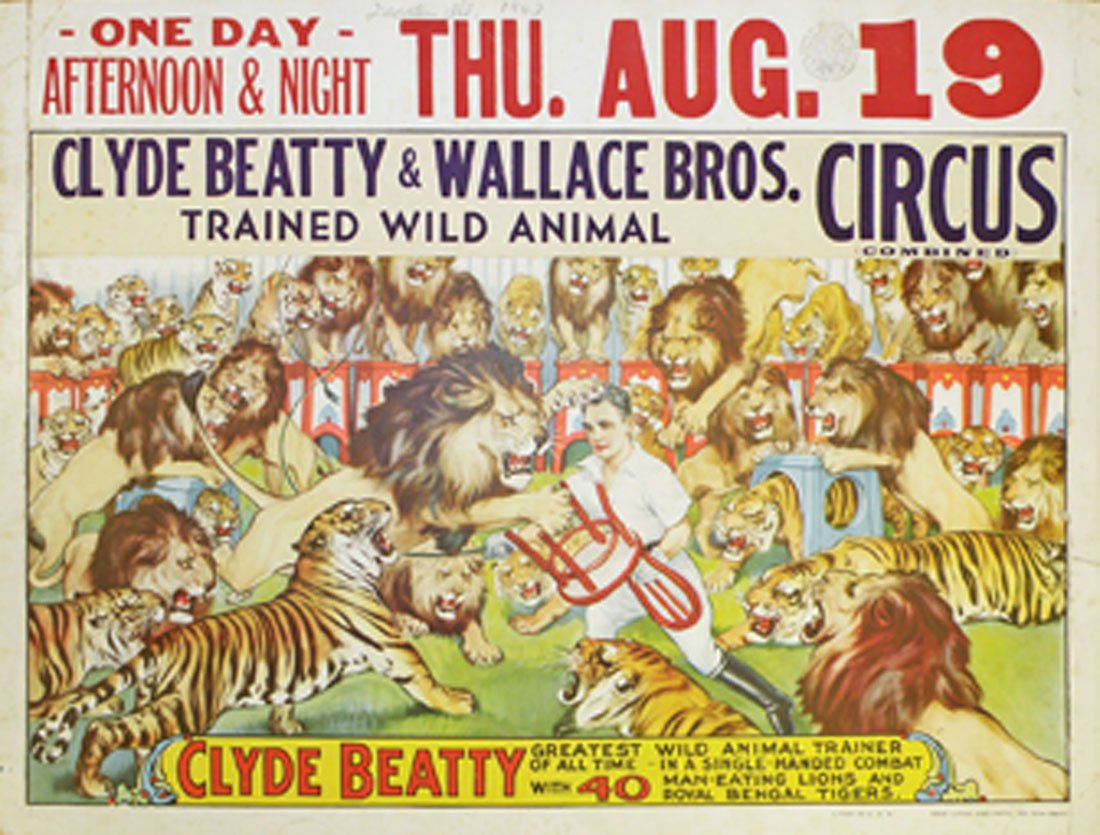 CLYDE BEATTY & WALLACE BROS CIRCUS WINDOW CARD: Printed by Erie Litho. Clyde Beatty & Wallace Bros name is applied strip. Some wear and creasing. 18 1/2" x 14"