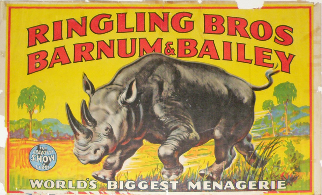 RINGLING BROTHERS RHINO POSTER: Artwork by Bill Bailey. Tears and creasing. 42" x 26 1/2"