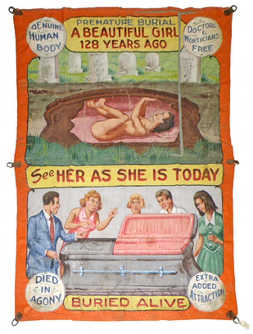 FRED JOHNSON PREMATURE BURIAL SIDE SHOW BANNER: Two panel banner, top part shows woman in casket in a grave yard. Bottom shows people looking into an open casket. Some surface wear, all original. 99" wide x 136" tall