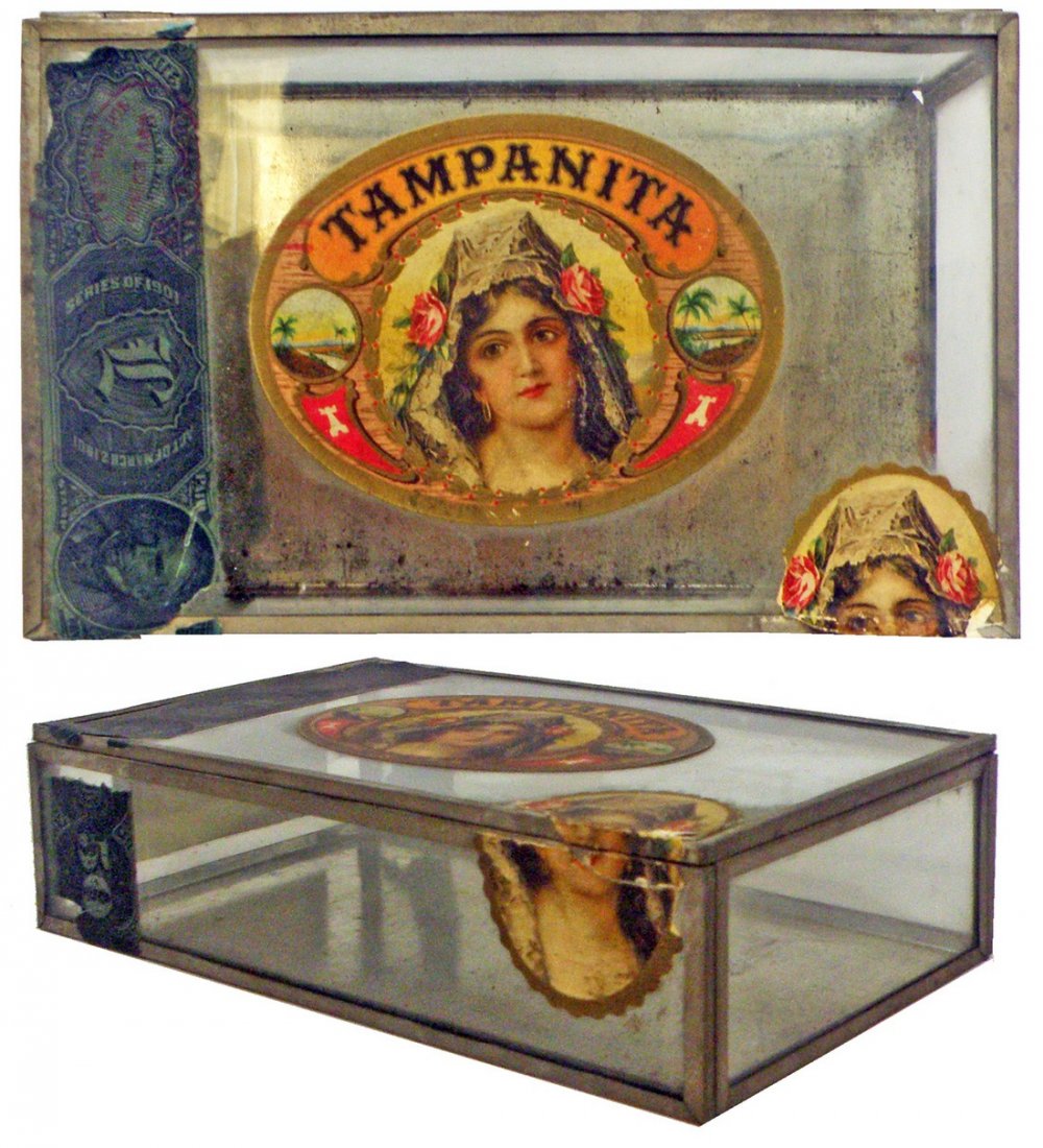 GLASS TAMPANITA CIGAR BOX: Retains all labels, likely a countertop display. Light aging. 8 1/2" Long