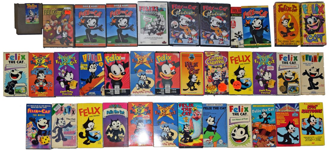 FELIX THE CAT VIDEO LOT: Includes six DVD's, 27 VHS tapes, and a Nintendo game cartridge. A few videos are still sealed. Varies
