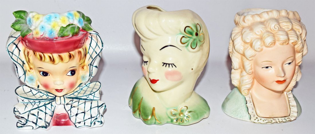 THREE HEAD VASES: Two Japanese and one American. No damage. 6 1/4'' tall