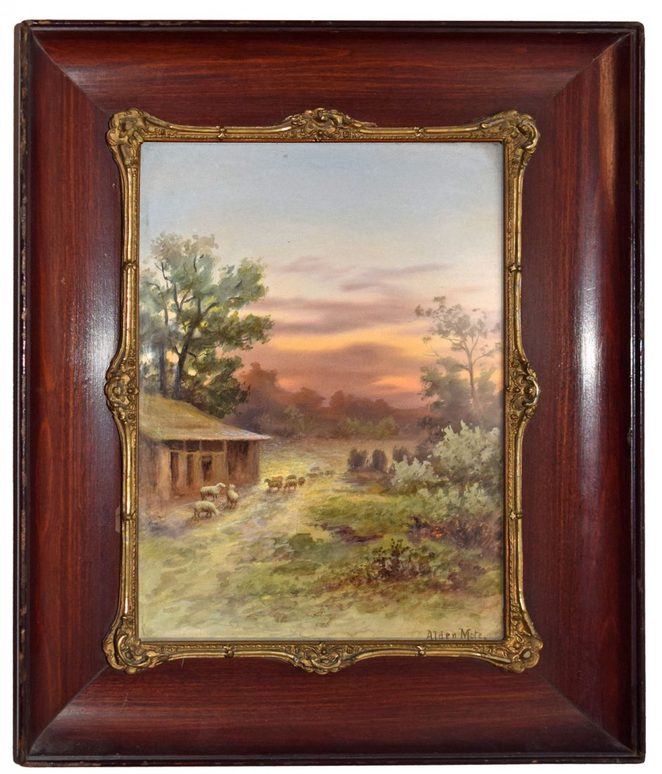 FARM YARD WATERCOLOR PAINTING BY ALDEN MOTE: By listed artist Alden Mote (1840 - 1917). Nicely executed scene with sheep. Mid Western artist from Richmond, Indiana Sight size is 10'' x 7'' 14 3/4'' x 11 3/4''