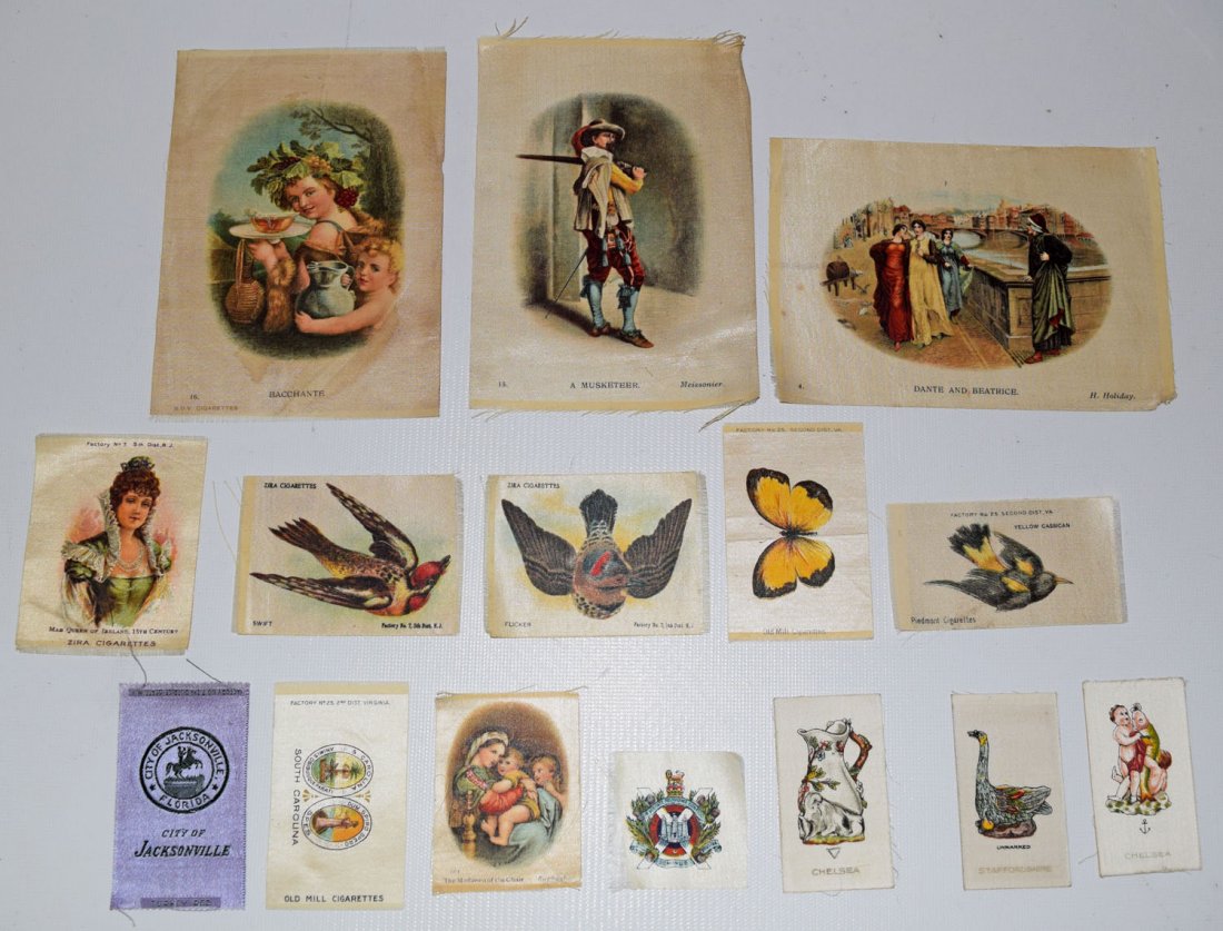 A LOT OF TOBACCO SILKS: Includes Dante and Beatrice, Birds, etc… Largest 6'' x 4 1/4''