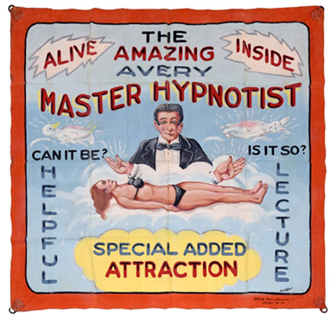 "THE AMAZING AVERY MASTER HYPNOTIST" SIDESHOW BANNER: Fun image of magician with floating woman, bunny, and duckling. 94" x 94"