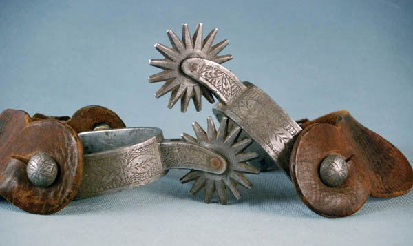 3 Pairs of Spurs: (a) August Buermann straight shank iron spurs with early AB star maker-mark. Excellent cond; (b) Unmarked Buermann iron spurs with slight traces of original bluing; (c) Unusual Canon City chased alumi