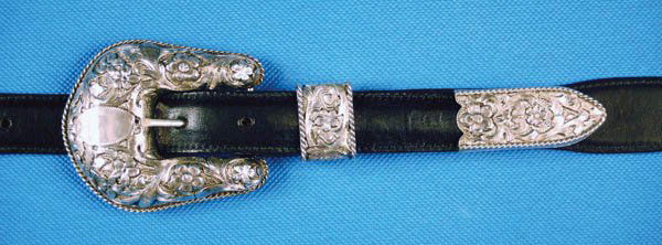 Edward Bohlin Sterling Buckle: 3 piece-1" #1173 AS domed set with deep relief and rope edge. 2 3/4" across at swell. Later shield Bohlin mark on solid back