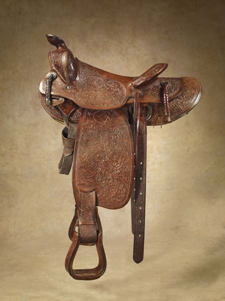 Edward Bohlin Brown Show Saddle: Precision tooling, tight deep floral pattern, round skirts with 15 1/2" seat, great brown color, excellent condition, c 1940s