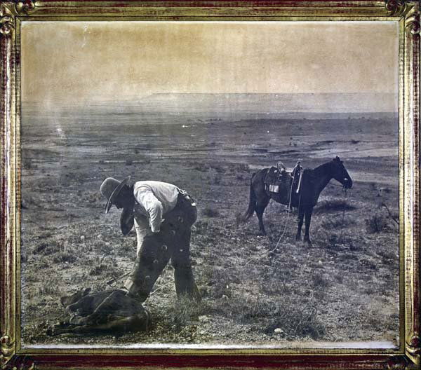 Erwin E Smith (1886-1947) Photograph: A Cross-B Cowpuncher, Frank Smith, Branding a Maverick in the Open Range with a Ring Branding Iron, c. 1909 36 1/8" x 42 1/8" Photo enlargement c 1930s of the famous Smith image. Smoke staining, sligh