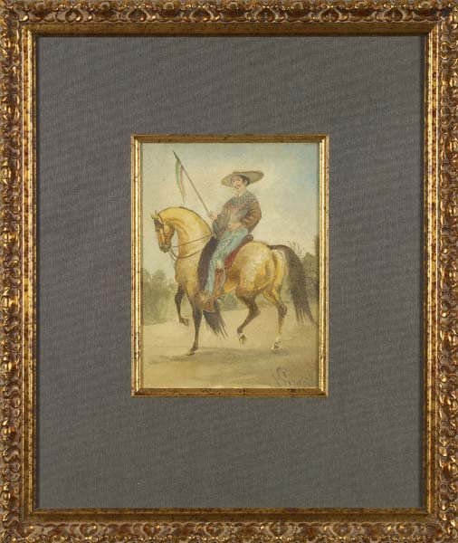 Mexican Chinaco Watercolor: 8 1/2" x 6" framed and matted to 17 1/2" x 15". Depicts an elegant 19th century charro with his flat brim Cinaco hat, hair saddle bags, botas, spurs astride a stately palomino. The painting is signed
