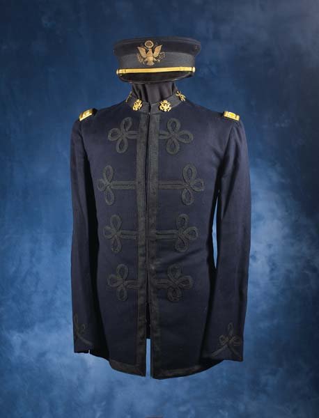 Butte, Montana Soldier's Outfit: Uniform set of Major James W. Bell 19th Century Indian fighter from Butte, Montana. Set includes two of his uniform jackets with rank stripes, badges, name inscription sewn in pants with suspenders, c