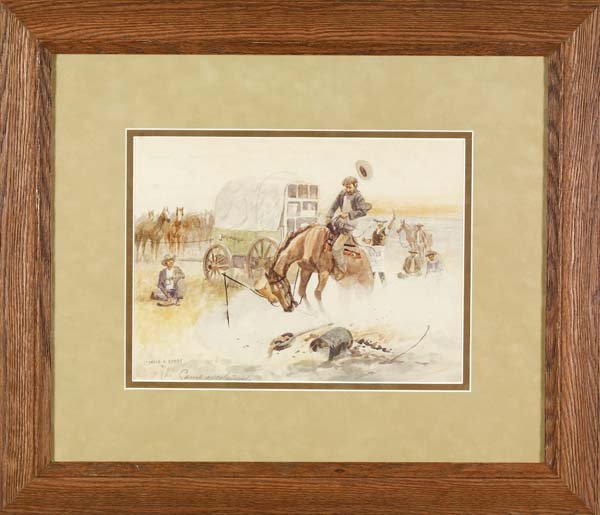 Leonard Reedy: 9" x 12" framed and matted to 18" x 21". Camp Excitement. Watercolor. Signed lower left, dated '45