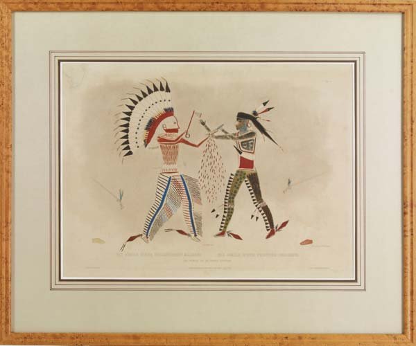 Karl Bodmer (1809-1893): 14 1/4 H x 19 1/4 W . Framed to 23 1/4 H x 27 3/4 W x 3/4 D. Facsimile of Indian Painting (Two Indian Fight). Lithograph