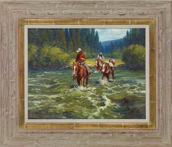Jim Norton (b. 1953): 17 1/2 H x 23 1/2 W . Framed to 29 H x 34 W. Two Cowboys with Pack Horse. (Summer Pack Trip). Oil on Canvas