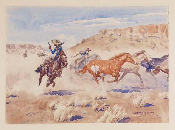 Leonard Reedy (1899-1956): 8 1/2 H x 11 3/4 W . Framed to 15 H x 18 W x 1/2 D. Horse Thieves, 1938. Watercolor on Paper