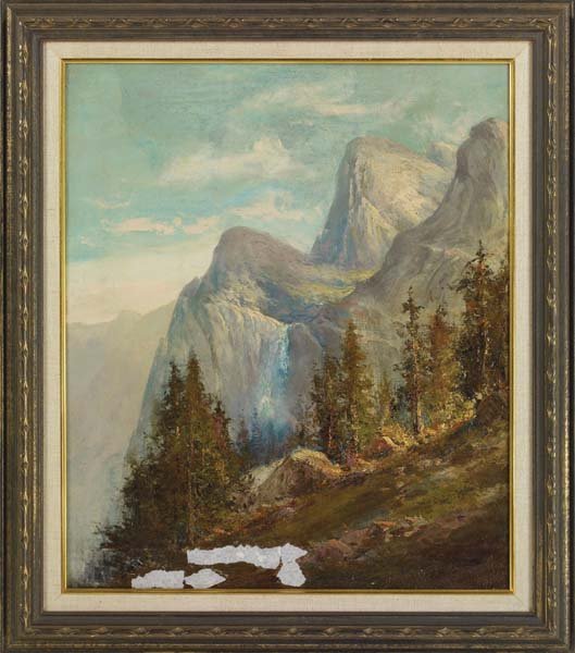 Charles Harmon (1859-1936): 23 1/2 H x 19 1/2 W . Framed to 29 1/2 H x 25 1/2 W. Bridal Veil Falls. Oil on Canvas