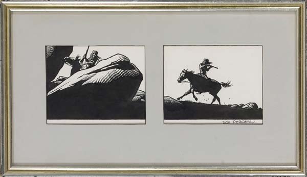 Don Perceval (1908-1979): 5 1/4 H x 6 3/4 W, Framed to 11 3/4 H x 20 3/4 W. Apache Wars (A). Ink on Paper