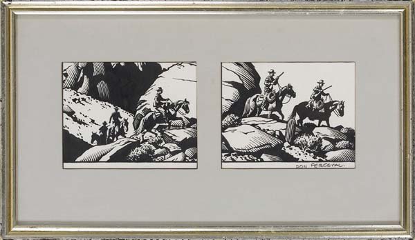 Don Perceval (1908-1979): 5 1/4 H x 6 3/4 W, Framed to 11 3/4 H x 20 3/4 W. Apache Wars (B). Ink on Paper
