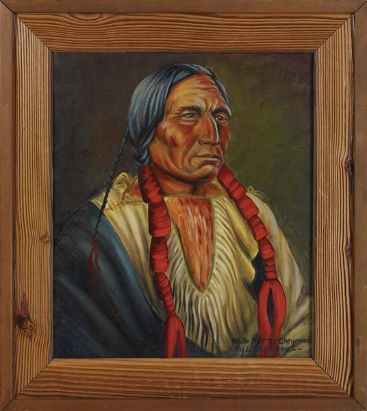 L. Shipshee (1896-1975): 23 1/2 H x 20 W . Framed to 31 1/2 H x 28 W. White Horse, Cheyenne. Oil on Canvas