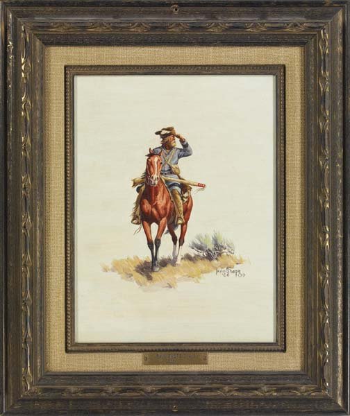 Irvin Shope (1900-1975): 11 3/4 H x 8 1/2 W . Framed to 18 H x 15 1/2 W. Trapper of the 1830s. Oil on Board