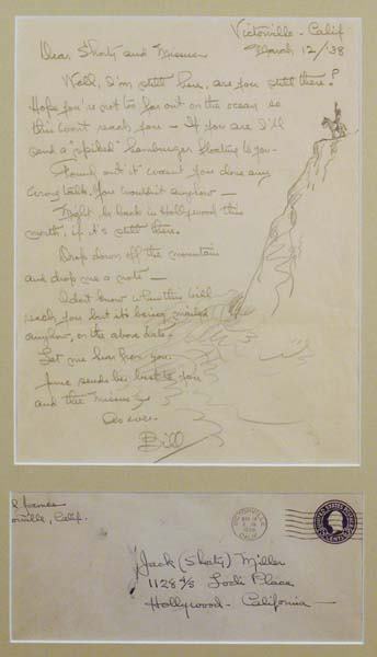 1938 Signed Letter from Will James: Handwritten letter includes drawing by Will James. Signed "Bill", addressed to Jack (Shorty) Miller. 8 1/2" x 11" letter with hand addressed envelope. Framed and matted