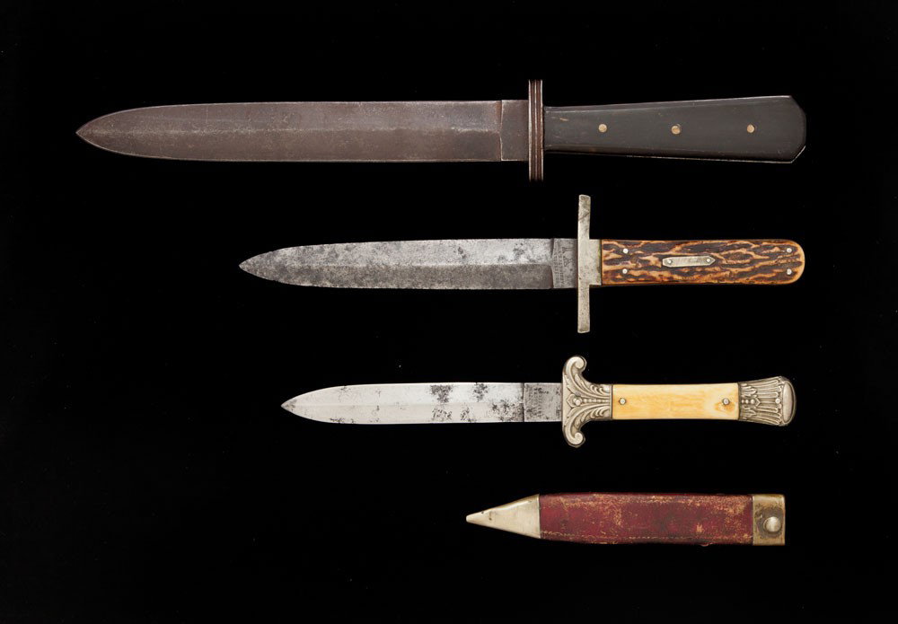 Lot of Three (3) Antique Dirks: Three double edge knives known as dirks a) Ricasso marked both sides, Mappin Brothers - Sheffield with sunburst. On other side Queen's Cutlery Works – Sheffield. Die stamped German silver mounts, Iv