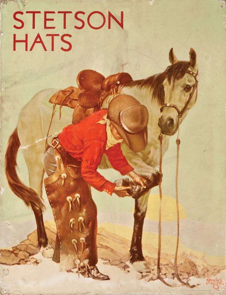 Stetson Hat Advertising Poster: Large format counter poster on cardboard with art by Charles Hargess. Printed by McCandlish Litho Co., 23" x 18" with original folding stand and company label (copyright 1937) on reverse. Some surface