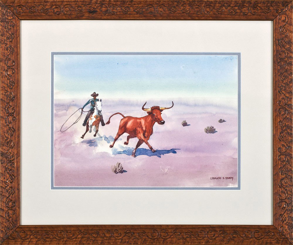 Leonard Reedy (1899-1956) - Lot of Two (2) Waterco: a) Untitled (Cowboy Roping a Steer) 8" x 11", framed to 15" x 18"; b) Untitled (Cowboy Following a black Steer) 8" x 11 ¼", framed to 15 ½" x 18 ½".