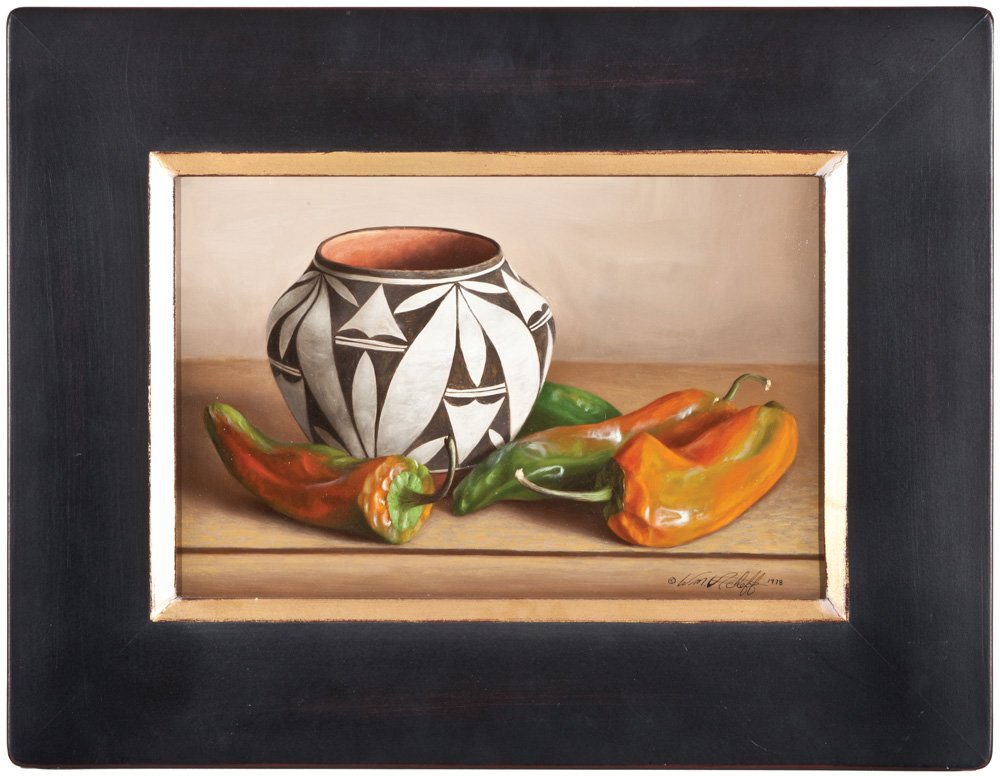 William Acheff: Still Life with Acoma Pot and Chiles 8” x 12” Framed to 13 3/8” x 17 1/4” Oil on canvas Signed lower right, and dated 1978, and signed on reverse
