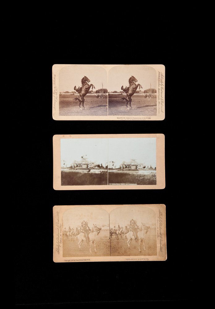 Stereo View Cards of Buffalo Bill’s Wild West: Total of 12 individual cards. Scarce images: a) Buffalo Bill on horseback pointing rifle; b) Annie Oakley shooting rifle at show. Extremely rare to find her on a stereo view; c) Buffalo Bill dated “