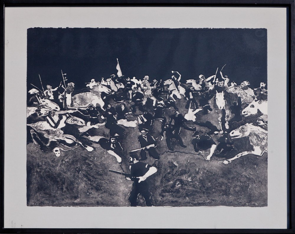 Fritz Scholder (1937-2005): Custer’s Last Stand 22” x 30” Framed to 30” x 37” Lithograph Signed lower left, numbered 49/75