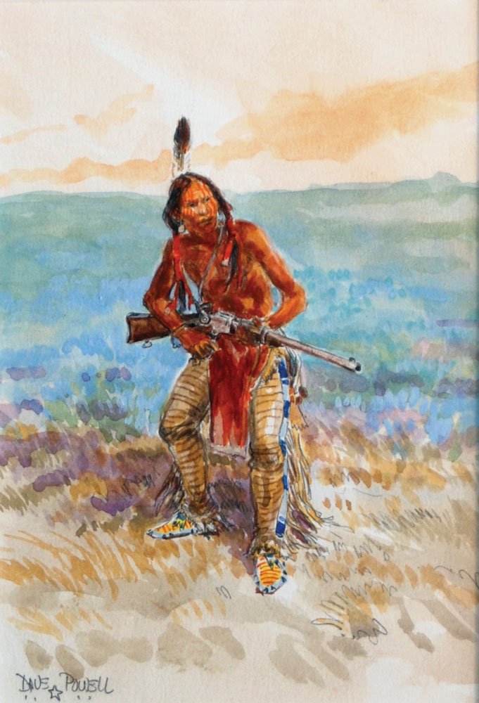 Dave Powell CA (b. 1954): Laykota Warrior Watercolor on paper 4 1/2" x 6 1/2" Signed lower left with star Framed to 14" x 12"