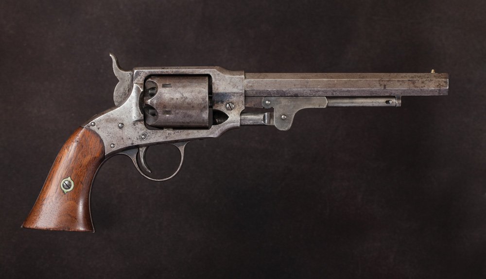 Rogers & Spencer Army Model: #3446, all matching numbers, 7 1/2” barrel, strong bright bore, metal is smooth, silver-gray with touches of original blue. Very good 2-piece grips show cartouches.