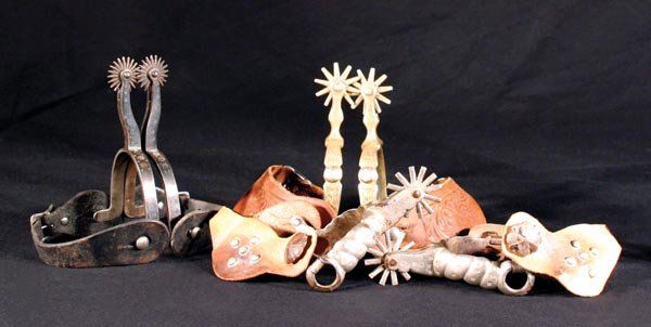 Lot of Three (3) Pair of August Buermann Spurs: (a) Early star and pat'd marked Daisy #2022 Patent Cowboy Spurs in excellent cond; (b) Star marked Hercules Bronze straight shank #1278 1/2; (c) unmk'd Dom Pedro nickel plated spurs