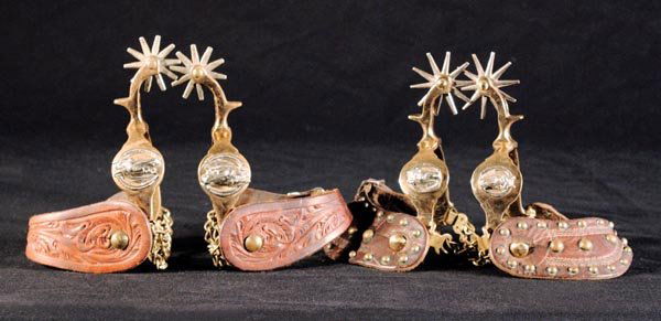 Bronze Horsehead Collection: Variations of the famous Buermann and North and Judd Hercules Bronze Horsehead Spurs and Bit. Small head with sharp rowels, studded straps. Standard head with star mark and flower tooled straps. Youth