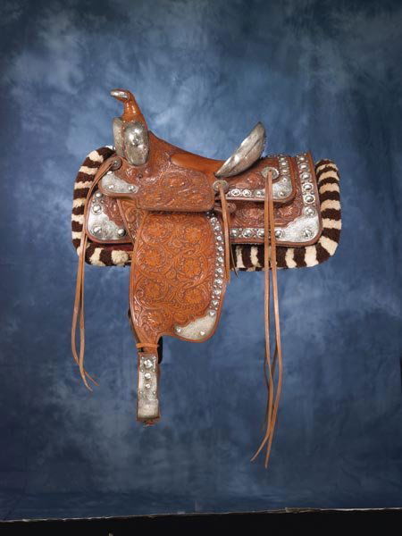 Complete Edward H. Bohlin "Laurel" Saddle Outfit: Surfacing in near-new condition from its original Bohlin shipping crate after 60+ years, comes this gorgeous brown Edward H. Bohlin parade saddle with matching Bridle, Bit, Breast Collar and brown & w