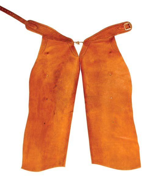 Edward Bohlin Batwing Chaps: Brown c 1940s chaps with basketweave belt. Marked with large Hollywood shield inside on both sides of belt