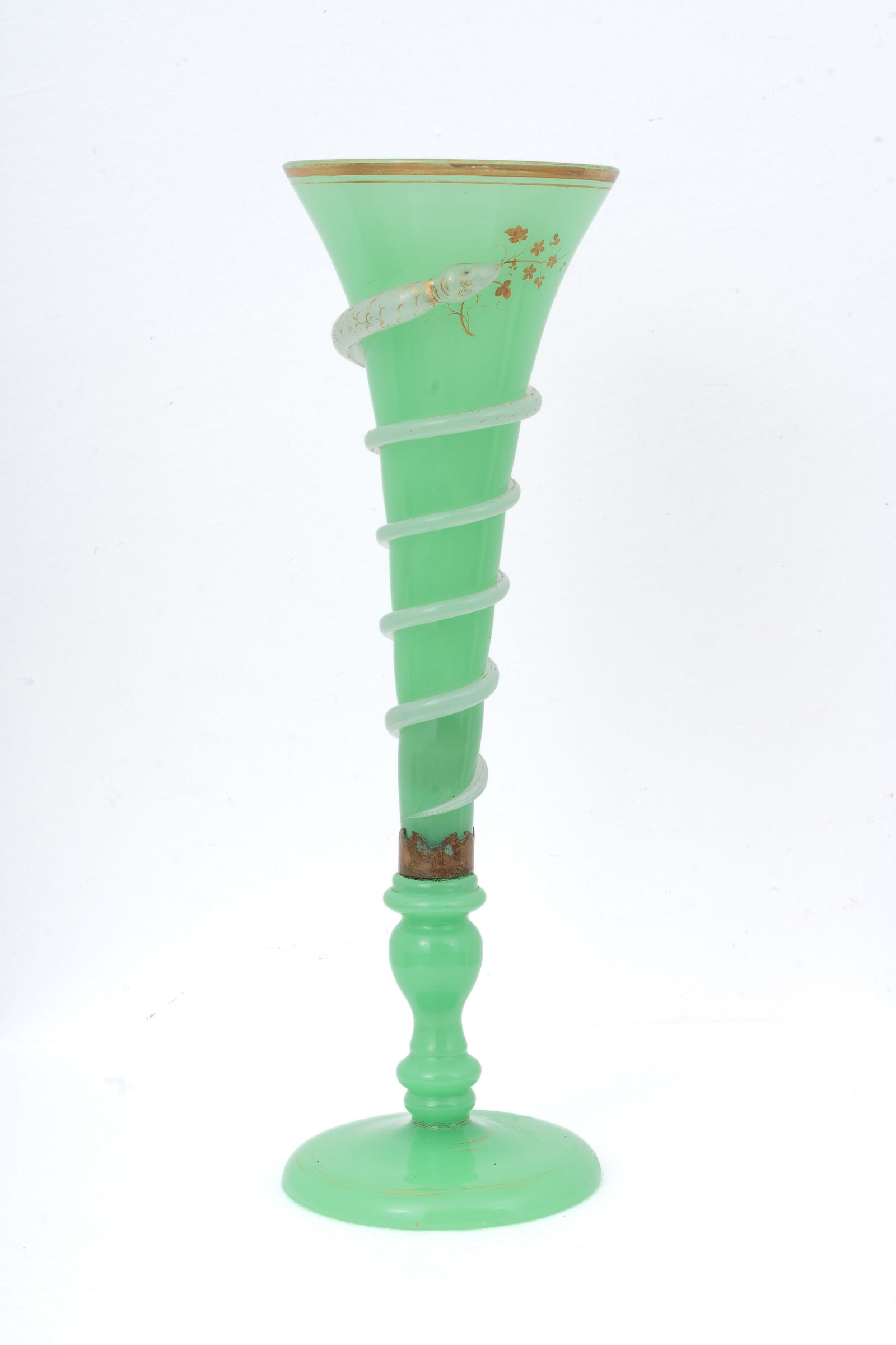 Biedermeier Uranium Glass Vase with a Coiled Serpent: Biedermeier Uranium Glass Vase with a Coiled Serpent. Green glass with an applied glass serpent, gilt floral decoration and gilt borders. The slender, trumpet-shaped body rests on a baluster stem and 