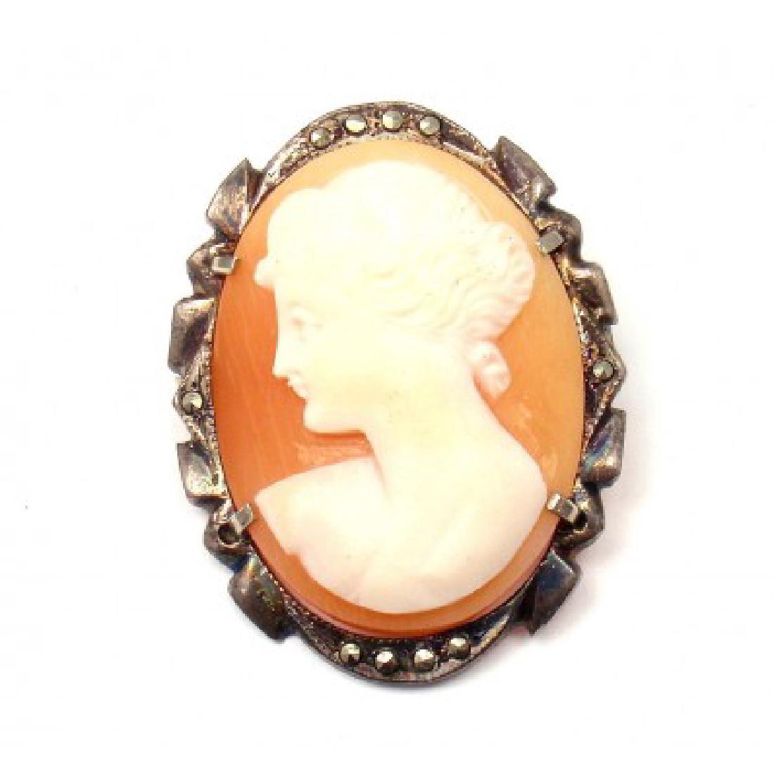 VINTAGE 900 FINE SILVER MARCASITE CAMEO PIN PENDANT: VINTAGE ESTATE .900 FINE SILVER MARCASITE CAMEO PIN PENDANT 5.3GBrand :Unbranded Metal :Silver Main Stone :Cameo Metal Purity :.900