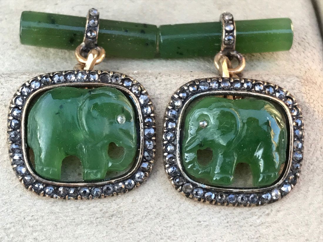 RUSSIAN GOLD DIAMOND JADE ELEPHANT CUFFLINKS (1 of 4)