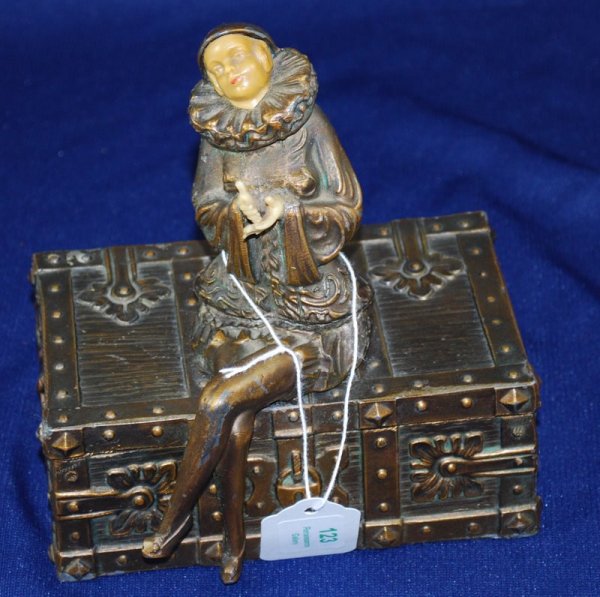 DECO JEWELRY BOX METAL AND IVORY: METAL AND IVORY, 5" BOX SHAPED LIKE TRUNK, 5" JESTER WITH PAINTED IVORY FACE & HANDS BUYER ARRANGES SHIPPING WE CAN RECOMMEND NOT FOR EXPORT