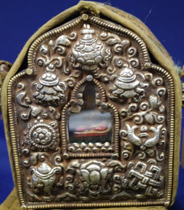 EARLY TIBETAN" GAU" OR PRAYER BOX: SILVER & COPPER BOX, USED TO HOLD POWERFUL AMULETIC OBJECTS, 8 AUSPICIOUS VAJRASATTVA, TERRACOTTA BUDDHA, WRITEN PRAYERS OF YANTRA, CARRYING SACHEL INCLUDED, BUYER ARRANGES SHIPPING, WE CAN RECOMMEND