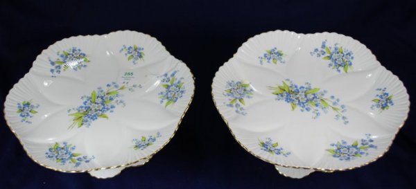 SHELLEY CAKE STANDS: VINTAGE PAIR OF FINE BONE CHINA STANDS, BLUE FLOWER PATTERN, GREEN MARK, MADE IN ENGLAND, BUYER ARRANGES SHIPPING, WE CAN RECOMMEND LOCAL SHIPPERS.