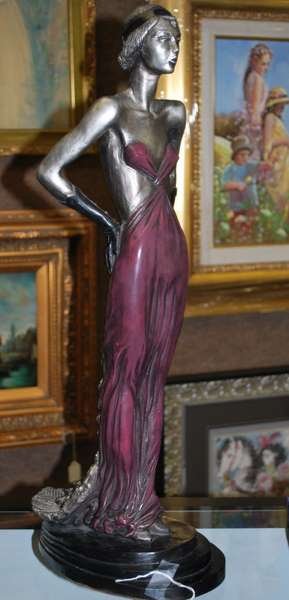 AUSTIN PRODUCTION SCULPTURE: BRONZE OR WHITE METAL WOMAN IN COCKTAIL ATTIRE, STAMPED "AUSTIN PROD. INC. 1986", ARTIST SIGNED "M. KATOK", 23" TALL, BUYER ARRANGES SHIPPING, WE CAN RECOMMEND LOCAL SHIPPERS