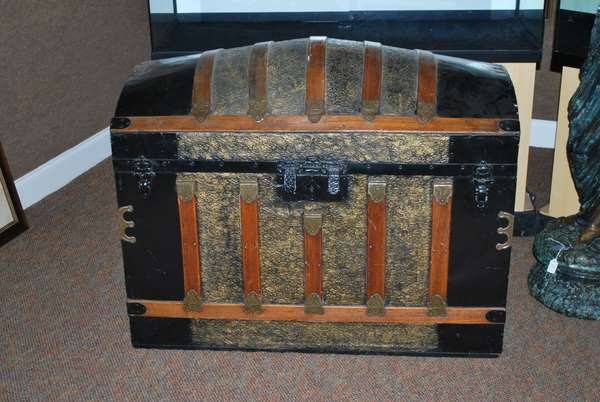 EARLY 1900's STEAMER TRUNK: ANTIQUE TRUNK WITH ORNATE HAMMERED METAL DESIGN, GREAT CONDITION, LINED INTERIOR, ARCHED LID, STRAPS, BUCKLES, & LOCKS - ALL ORIGINAL, 32" TALL