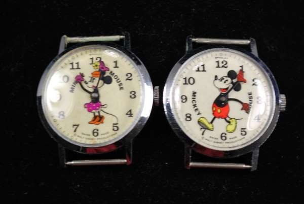 PAIR OF S/S MICKEY AND MINNIE MOUSE WATCHES: CIRCA 1950'S SWISS MADE MANUAL WIND, SHIPPING TO BE ADDED.