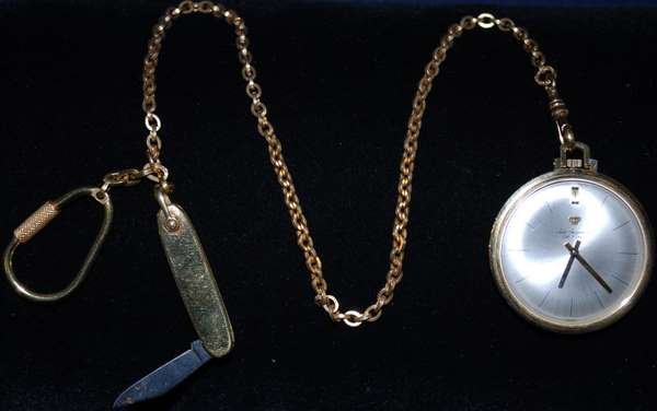 14KT Y.G. JULES JERGENSEN POCKET WATCH: WITH ATTATCHED 14KT POCKET WATCH ON GOLD PLATED CHAIN WHITE DIAL BACK HAS BEEN PERSONALIZED, SHIPPING WILL BE ADDED.